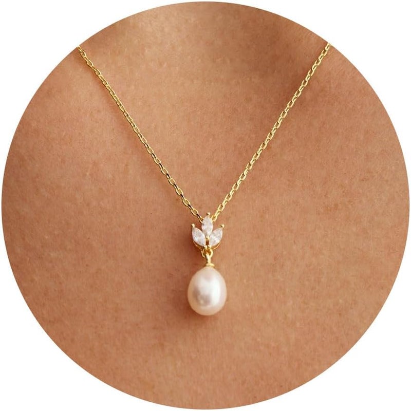 VRIUA Pearl Necklaces for Women - 14k Gold Plated Dainty Pearl Necklace with CZ Diamond Minimalist Wedding Bridal Jewelry Gift for Her - Image 1